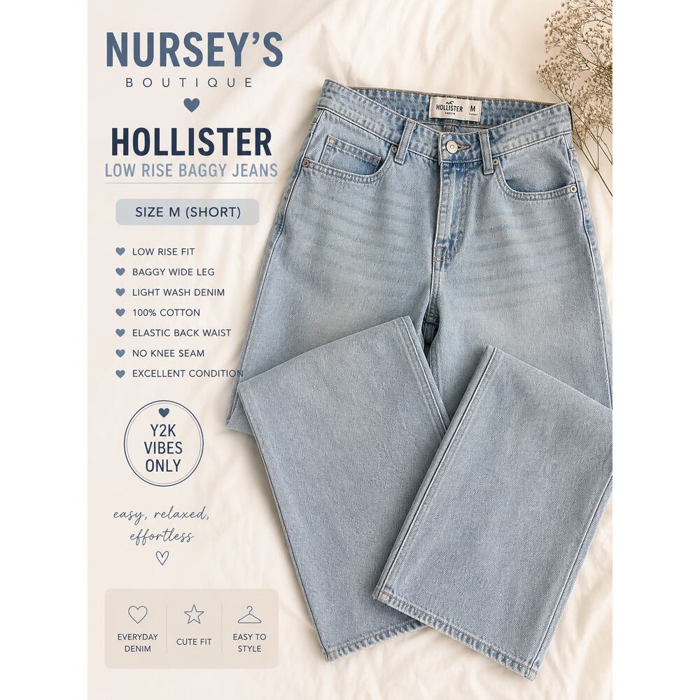 Hollister Low Rise Baggy Jeans M Short Light Wash Wide Leg Raw Hem